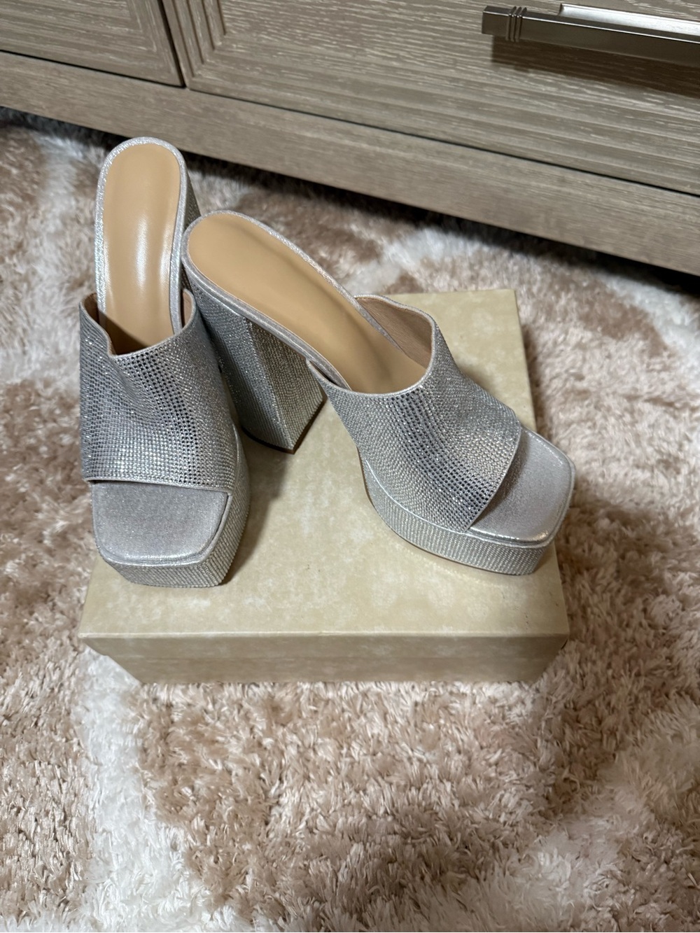 Amazon Essentials Silver Rhinestone Platform Mule Heels